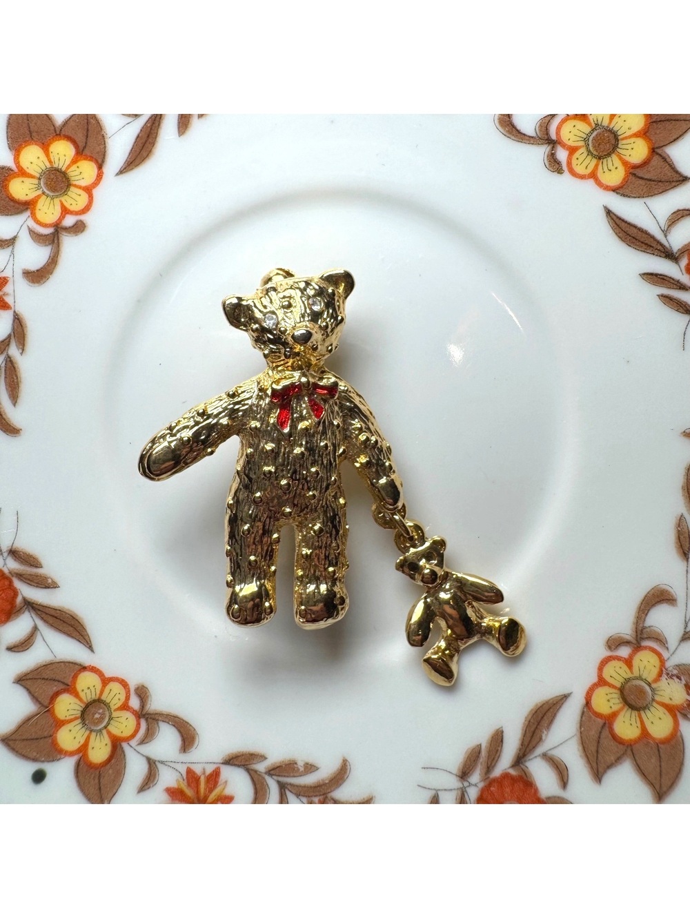 Vintage Gold Tone Teddy Bear Brooch with Red Bow and Miniature Bear Charm